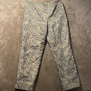 Talbots Pants Womens 10 Linen Tan Black Embroidered Design Cropped Ankle High